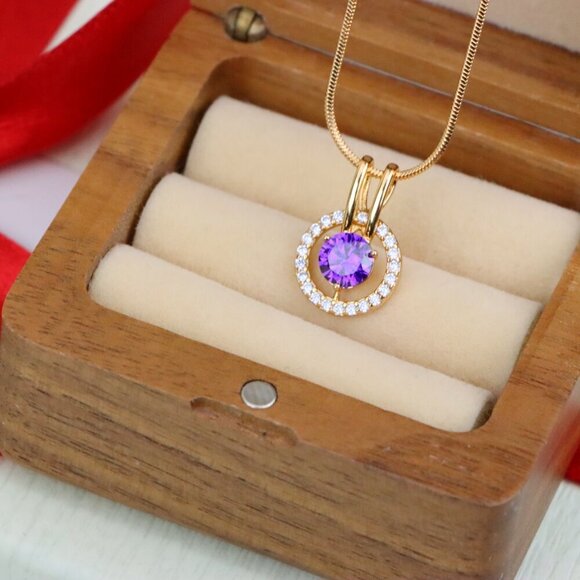 "Radiant Purple Halo Pendant in Gold Plated Brass with Crystal Ring, XPPT1711 - Picture 9 of 13